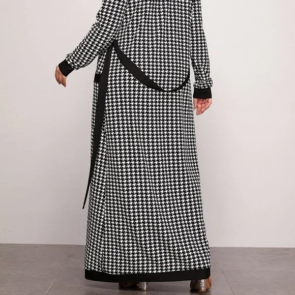 Black Casual Womens Patch Pocket Belted Houndstooth Coat & Leggings Set - Picture 2 of 5